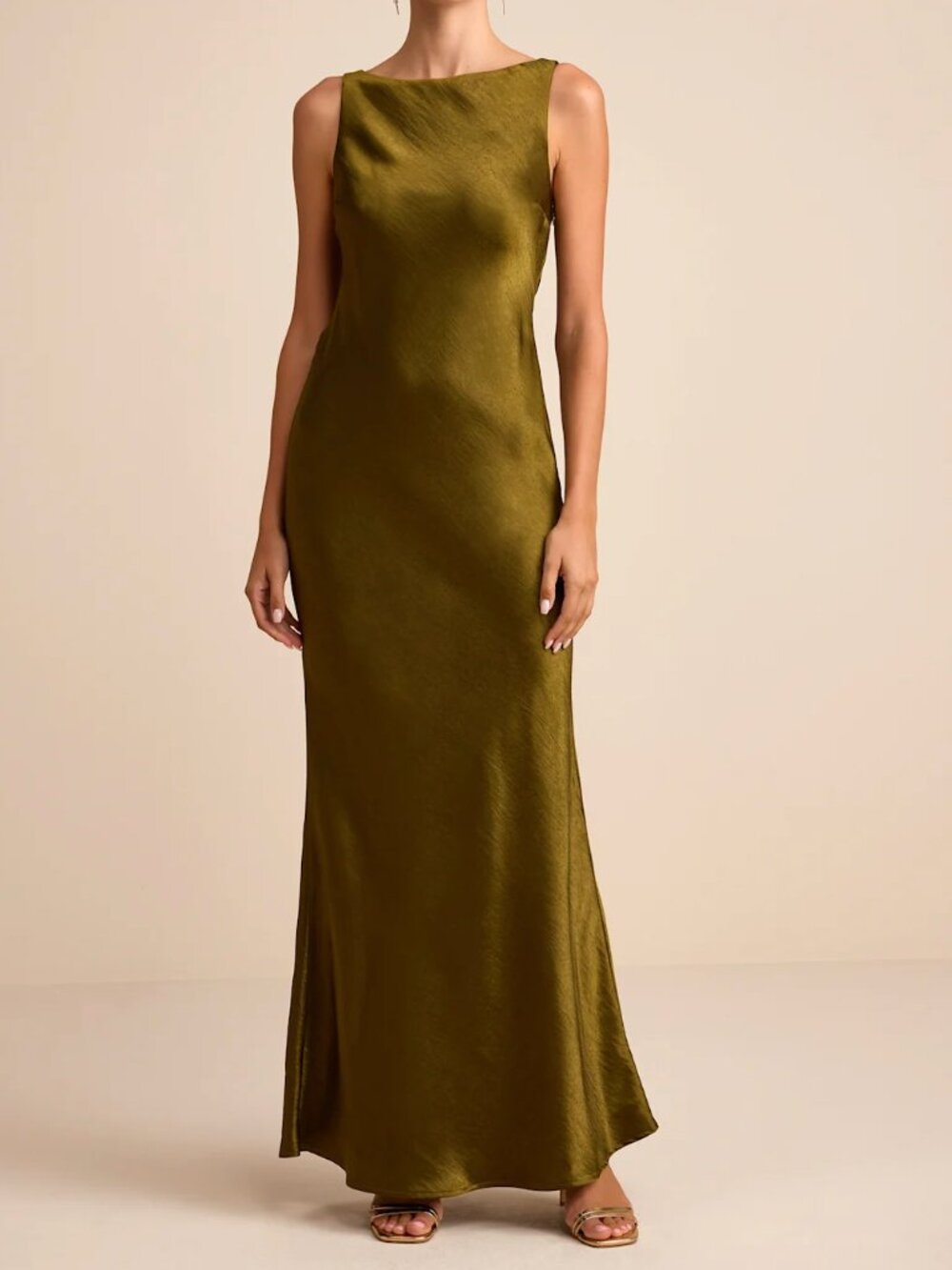 Lulus Janita Olive Satin Sleeveless Cowl Back Maxi Dress Green - Size M - Picture 2 of 4